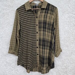 Habitat Shirt Womens Small Brown‎ Plaid Boyfriend Tunic Roll Tab Sleeve Button